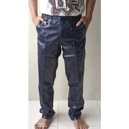 Celana Bahan Dasar Kilap Pria Biru Dengker Metalik Slim fit Formal Kerja Kantor