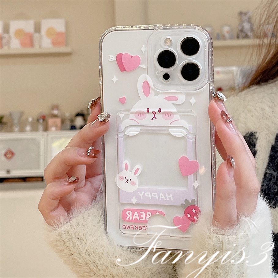 Compatible For IPhone 14 13 12 11 Pro Max X XR Xs Max 8 7 Plus SE 2020 Kompatibel Untuk Cute Babbit Bear Card Holder Phone Case Clear TPU Soft Cover Pelindung