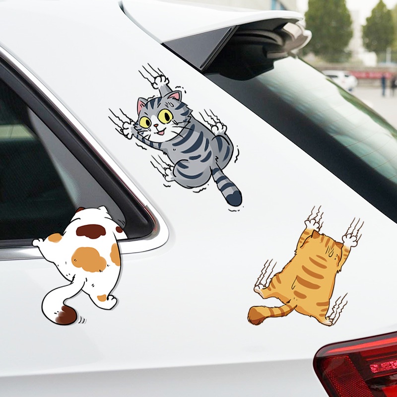 Body Mobil Kreatif Decals Laptop Botol Air Mobil Dekorasi Kucing Lucu Scratch Cover Car Decals Bumper Decal Tiga Kucing Panjat Hewan Styling Stiker Kartun Kucing Stiker