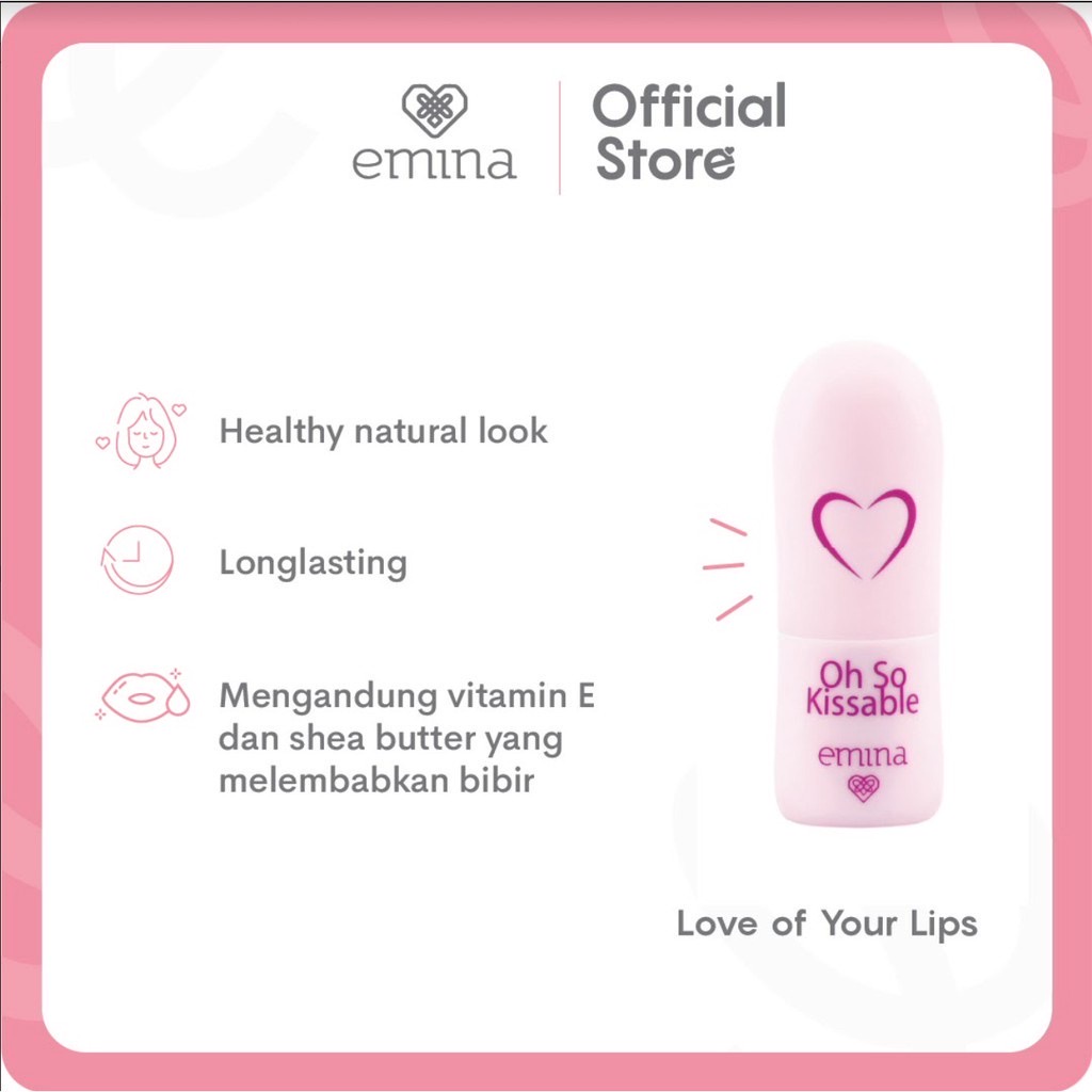 EMINA Oh So Kissable Tinted Balm Stick Indonesia / Lip Balm 3.4g / Melembabkan 8 Jam Ph Smart Formula UV Protection Natural Look Tahan Lama Creamy Lembab / Pink Bonbons Plum Candy / Skincare Lips Care Treatment Perawatan Bibir Series / Lipstick Lipstik