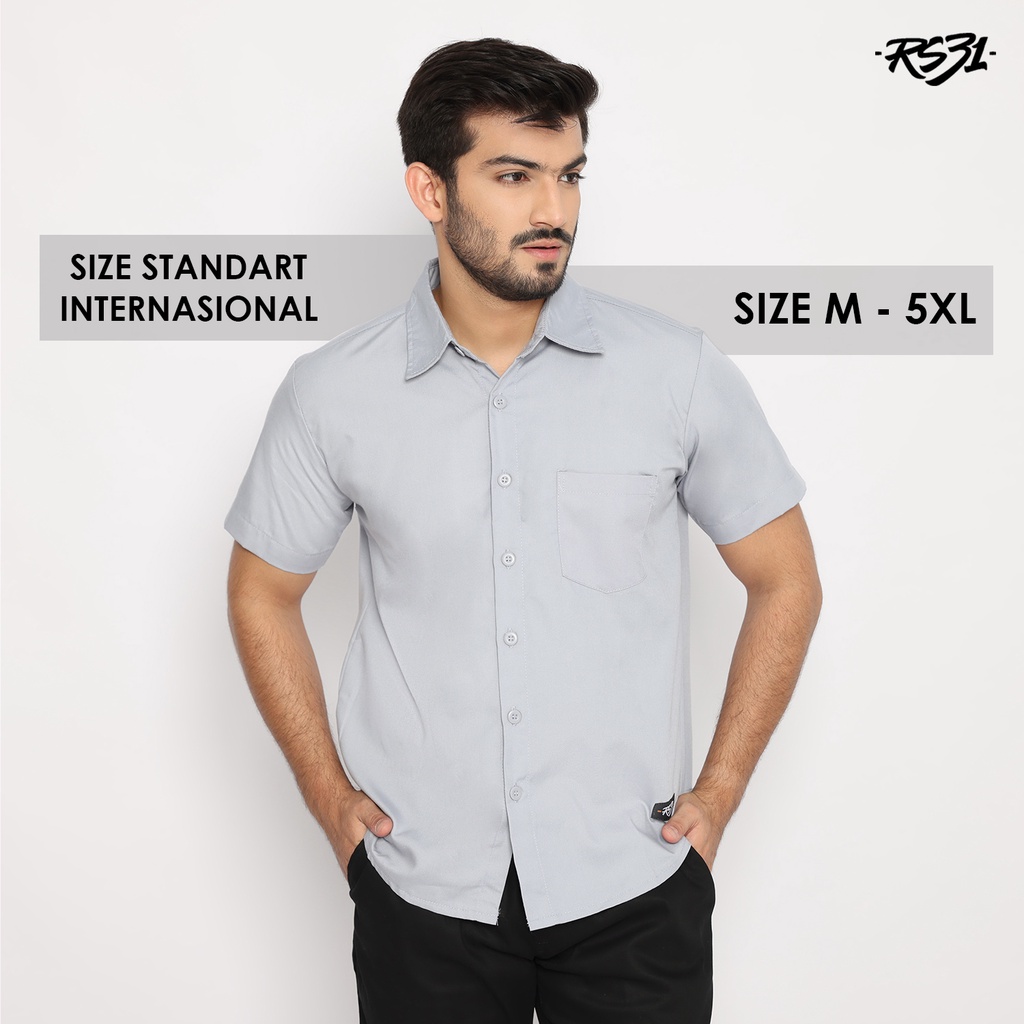 RS31 Baju Kemeja Atlanta Shirt Grey Cowok Jumbo - Kemeja Pria Polos Abu, Baju Kerja, Kantor Ukuran Super Big Size