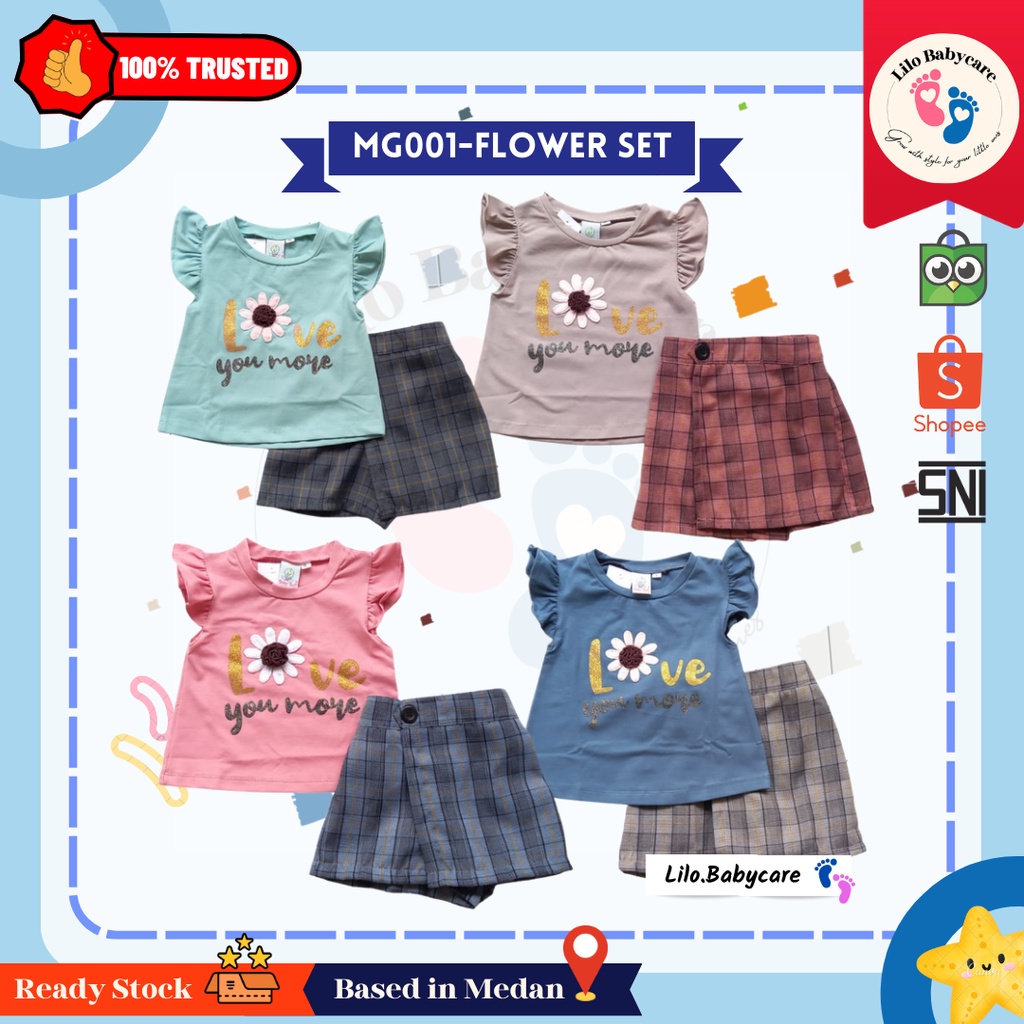 [MG001] - FLOWER SET || Setelan Baju dan Celana Bayi Cewek Motif Flower umur 3-12 bulan