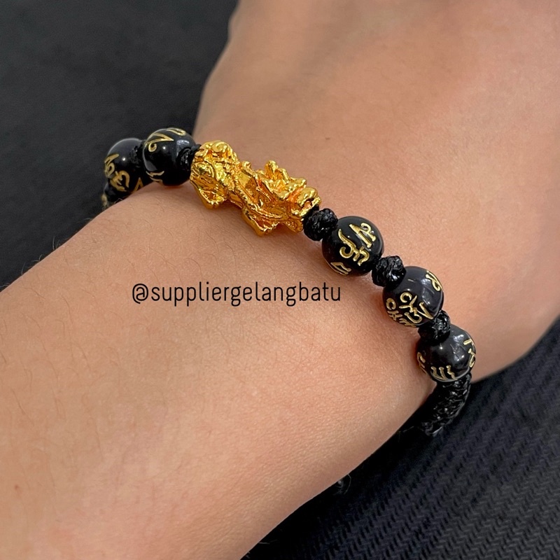 Gelang Mantra Buddha tibet hitam pixiu emas tali serut waterproof