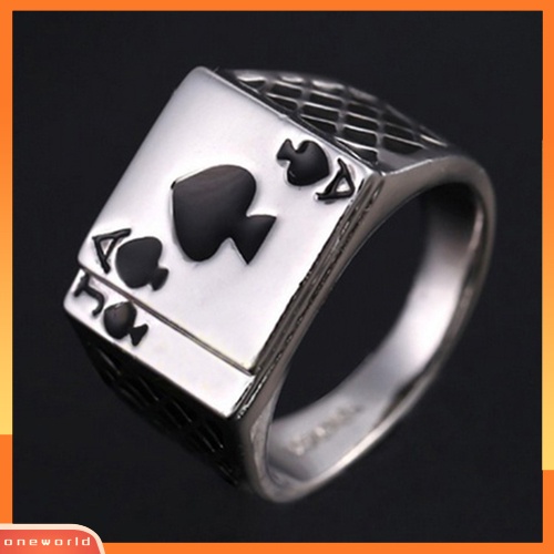 {oneworld} Sekop Enamel Hitam Lapis Emas Putih 18K Pria Poker Cincin Jari Perhiasan