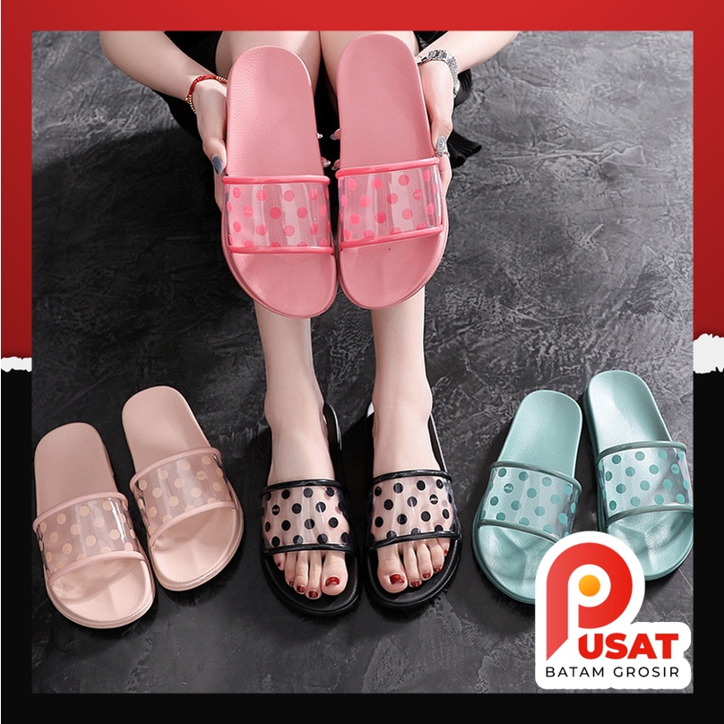 PUSAT BATAM GROSIR - S950 Sandal Wanita Slop Model Polkadot Transparan / Sandal Jelly / Sandal Kokop