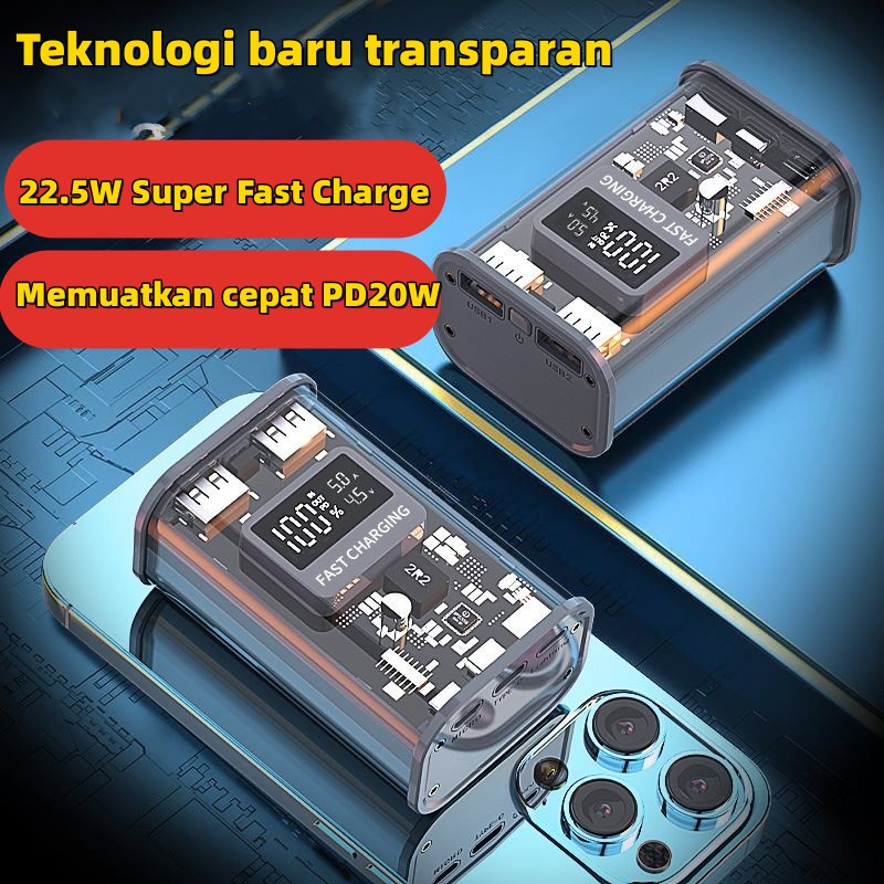 (COD) 22.5W Fast Charge 20000 mAh transparan mekha power bank kapasitas besar portable dual output layar real-time