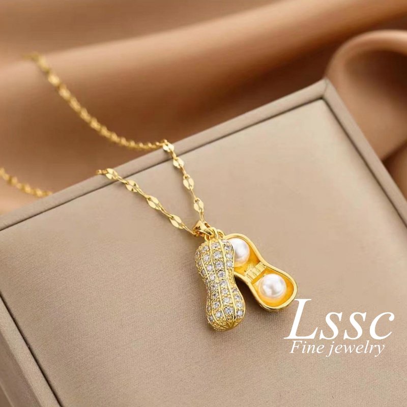 Kalung Titanium Kacang Mutiara Cantik Emas 18K Anti Karat Perhiasan Aksesoris Wanita Fashion Korea