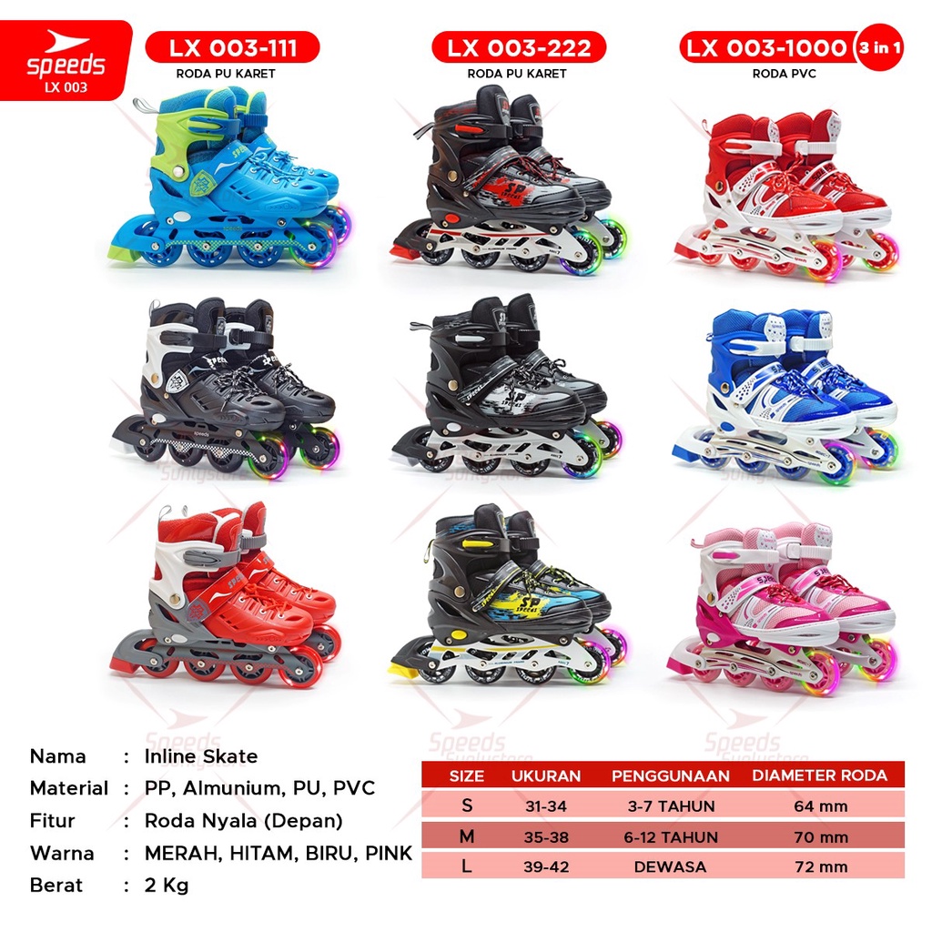 SPEEDS Sepatu Roda Anak Dewasa Inline Skate Roda PU Karet Nyala Roller Skate 003-222