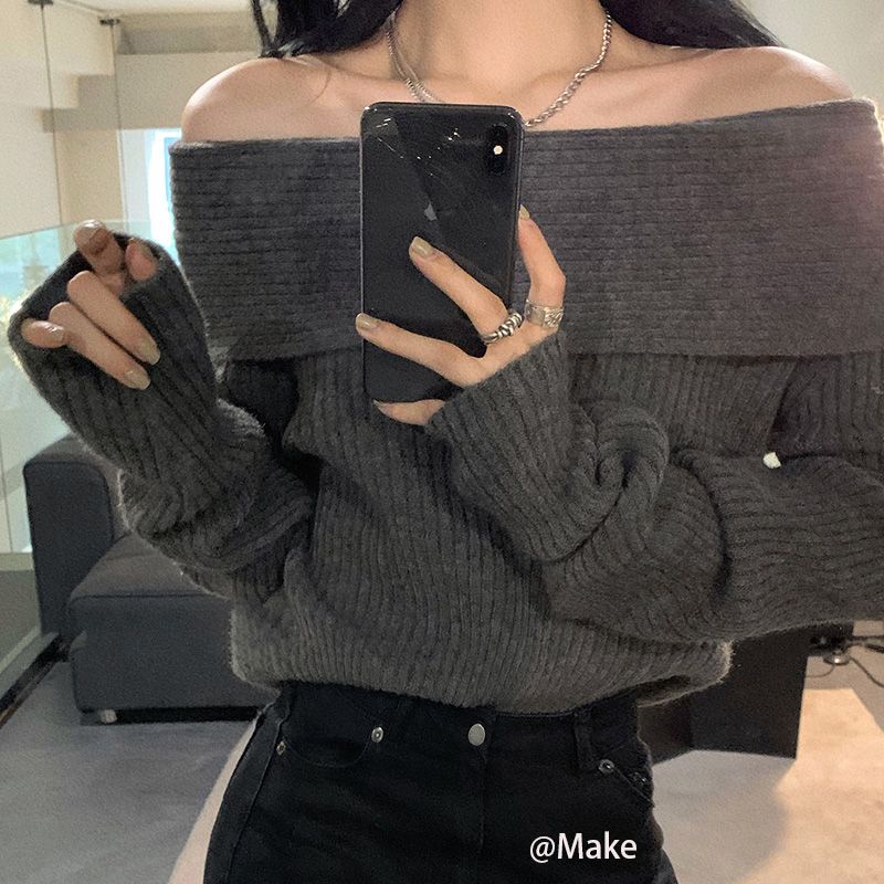 Red [Keinginan Kecil] Sweater Rajut Lengan Panjang Temperamen Gaya Wanita Slim Chic Sweater Off-The-Shoulder Wanita Menebal