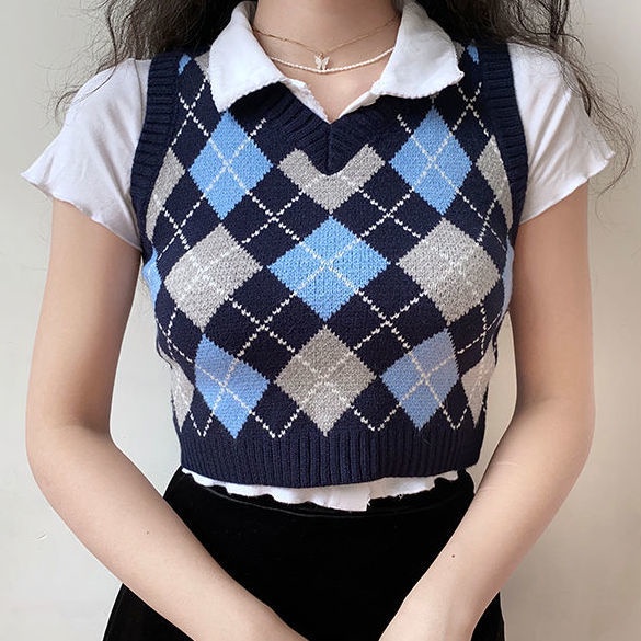 YIU YIU Rajut - Rompi Rajut Crop Preppy Style Crop Tee Motif Kotak