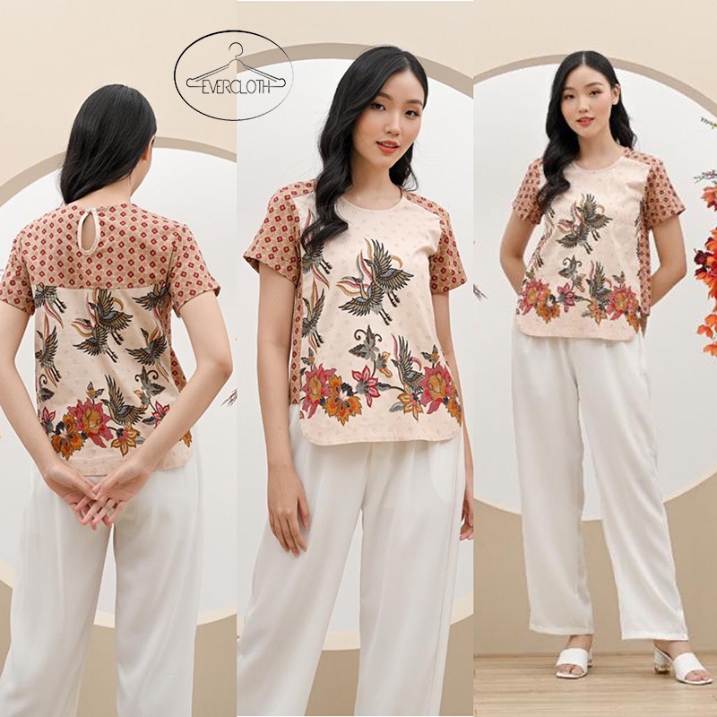 Evercloth Nexa Atasan Batik Wanita Lengan Pendek Blouse Wanita Atasan Wanita Blouse Batik