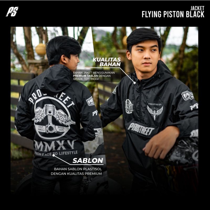 JAKET MOTOR PROSTREET WINDBREAKER FLYING PISTON BLACK - HITAM