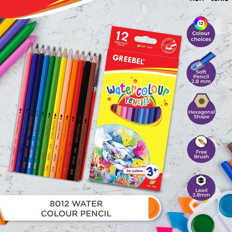 

✓ GREEBEL Pensil Warna WATERCOLOR 8012 HALF (ISI 12) / Coloring Pencils bonus kuas Cerah Tidak Berdebu & Tidak Beracun (Non toxic) Kekinian