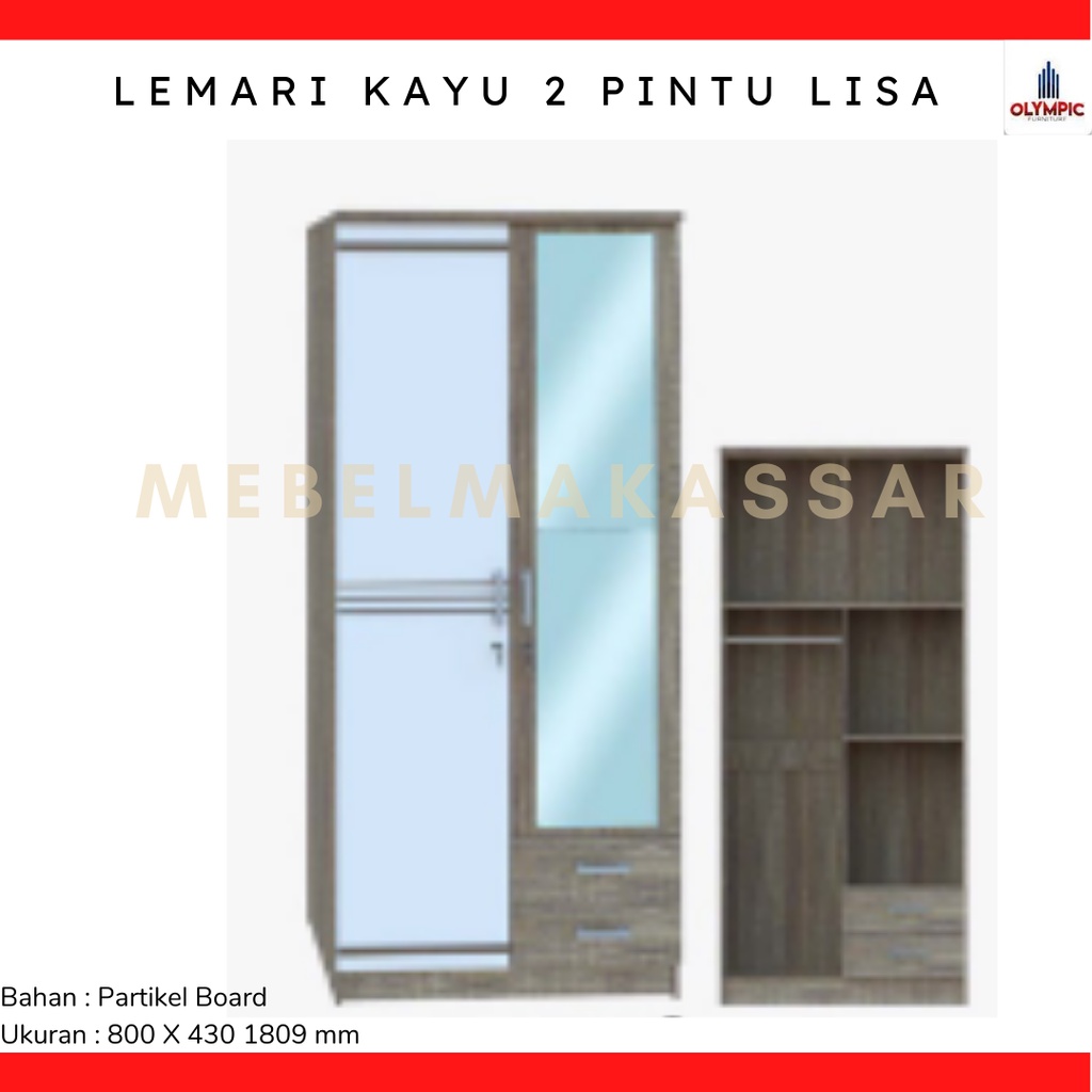 Lemari Pakaian 2 Pintu + Cermin Luar / Lemari Kayu Minimalis 2 Pintu Cermin Luar