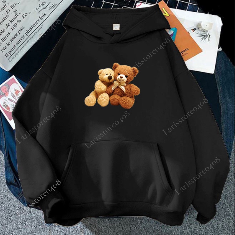 Hoodie Wanita Teddy Bear L/XL XXL Hoodie Couple Pasangan Sweater Hoodie Cewek Beruang Oversize Hitam