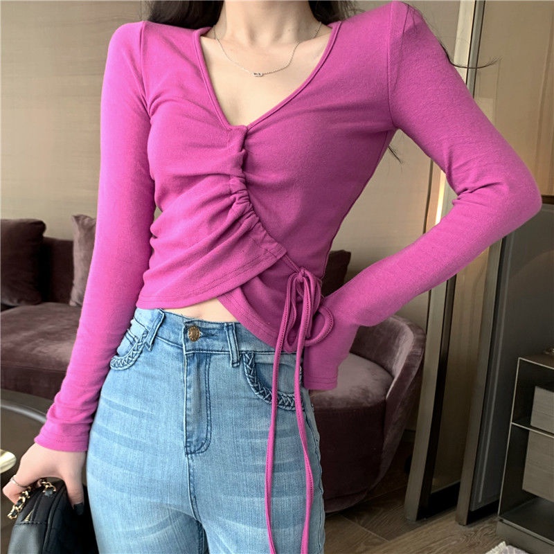 Red 95 kapas musim semi gaya asing baru V-neck rasa desain tali serut slim slim lengan panjang fashion top T-shirt wanita