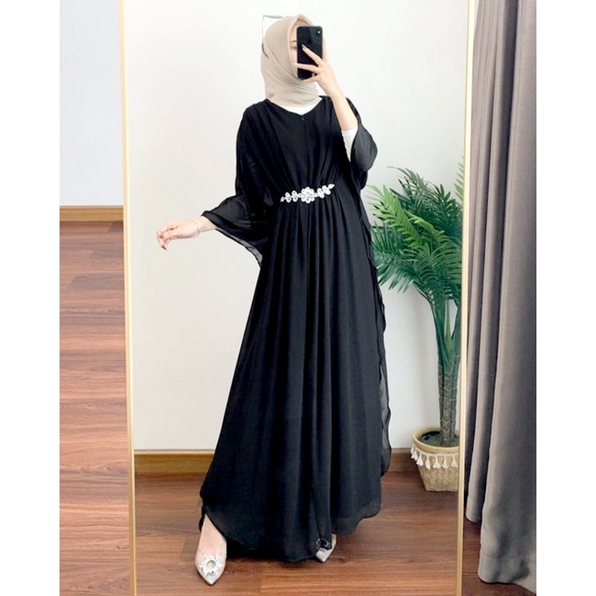 Gamis Kaftan Pesta / Lebaran Kekinian Terbaru Hitam Polos Kasual Mewah Elegan 2023