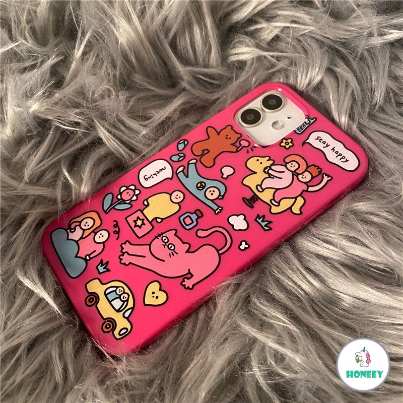 IPHONE Casing Ponsel Kucing Graffiti Korea Rose Red Untuk Iphone14 13 12 11 Pro Max X XR 8 7 Plus Halus Ultra Slim Shockproof Soft TPU Backjavascript: Cover