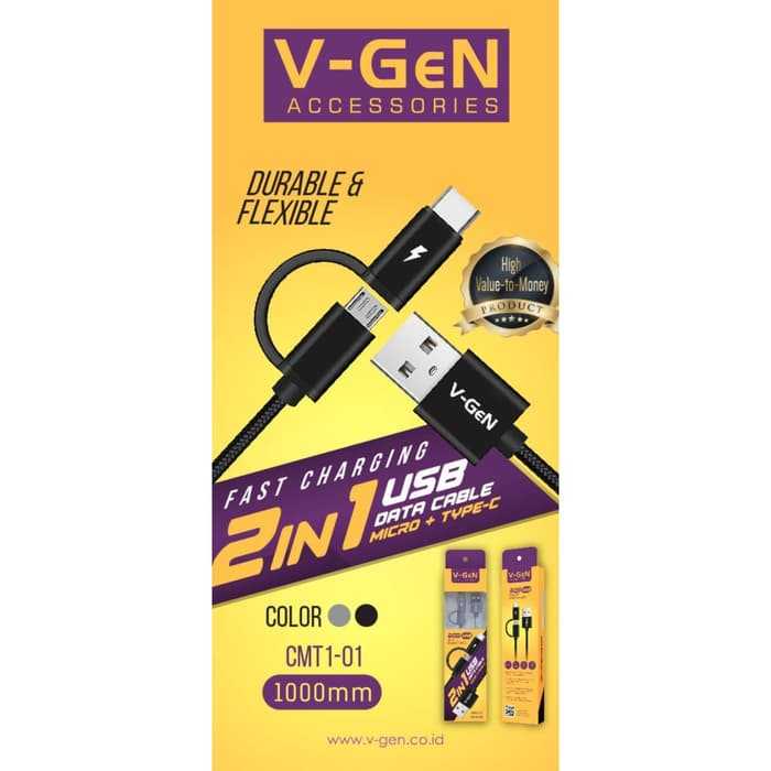 Kabel Data USB 2 in 1 Micro dan Type C V-GeN CMT1-01 Fast Charging QC 1 Meter