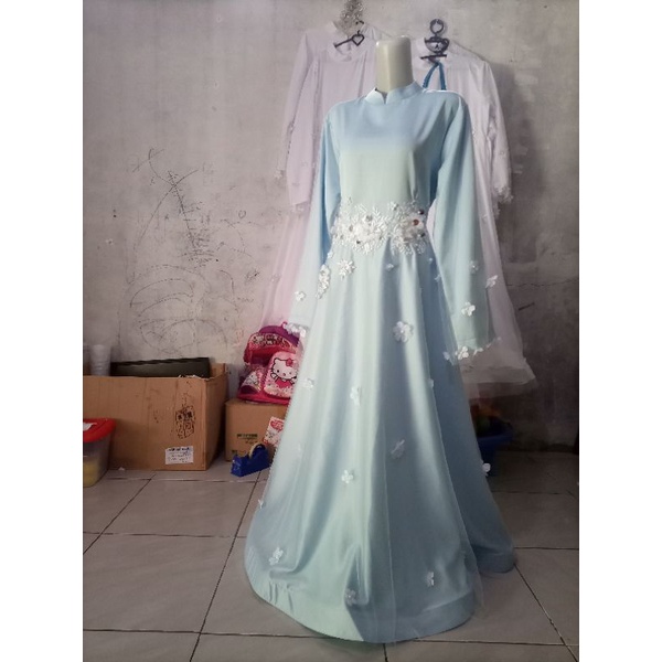 Gaun pengantin syar'i baby blue, gaun akad, gaun walimah, bisa request ukuran full set banyak bonusnya garansi