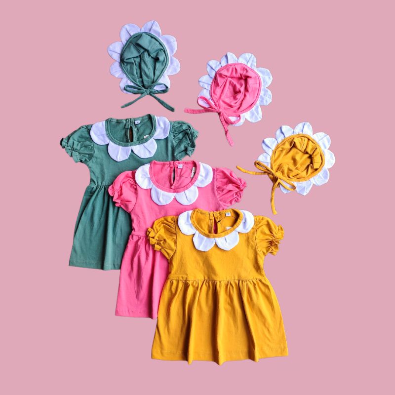 Dress bayi katun zalina bonus topi bonnet 0-12 bulan