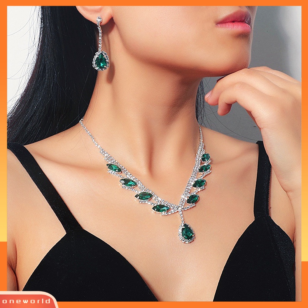 [oneworld] 1set Kalung Anting Pengantin Berbentuk Tetesan Air Perhiasan Berlian Imitasi Set Perhiasan Berkilau Elektroplating Untuk Pernikahan