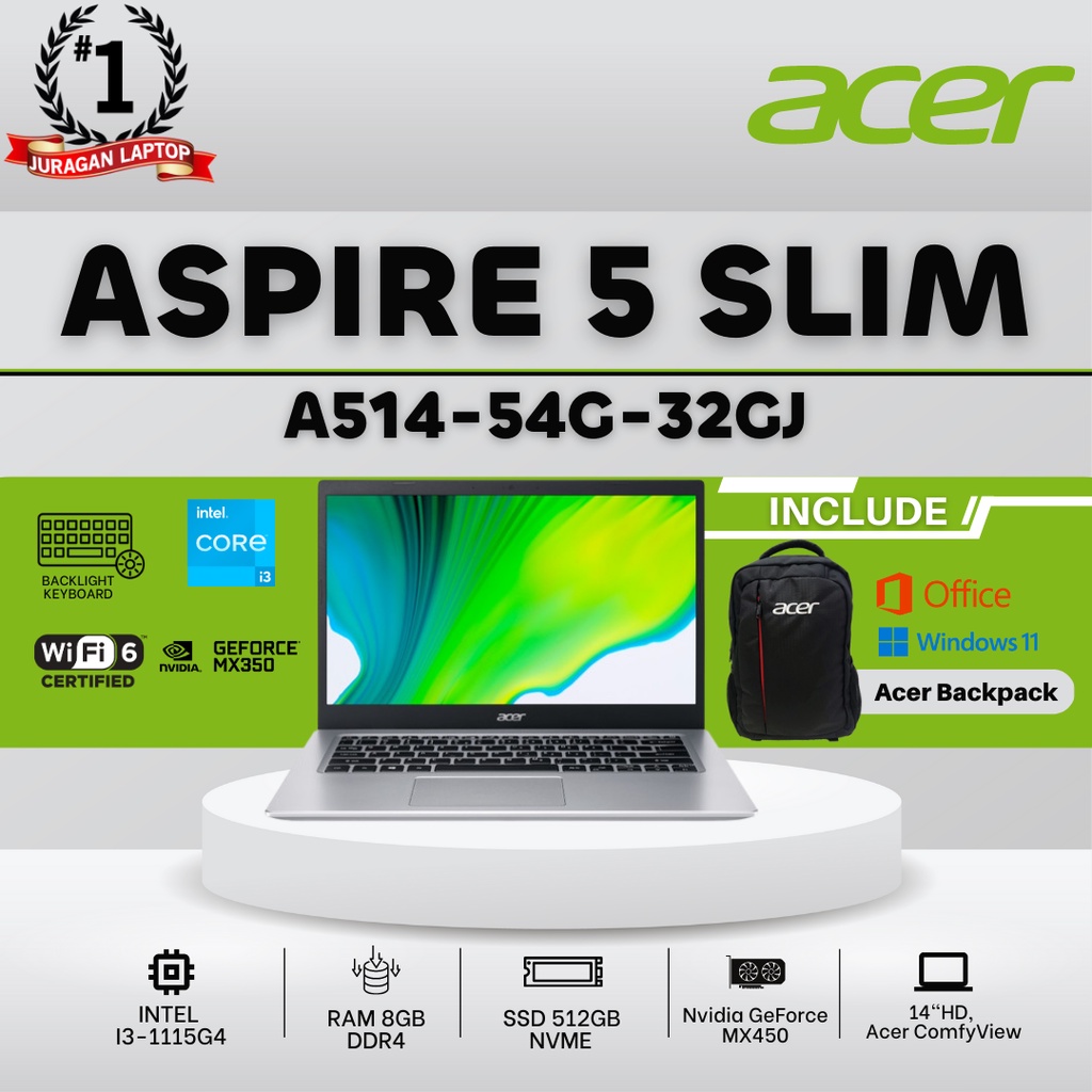 LAPTOP ACER ASPIRE 5 SLIM A514-54G-32GJ | I3-1115G4 8GB 512GB MX450 W11+OHS21