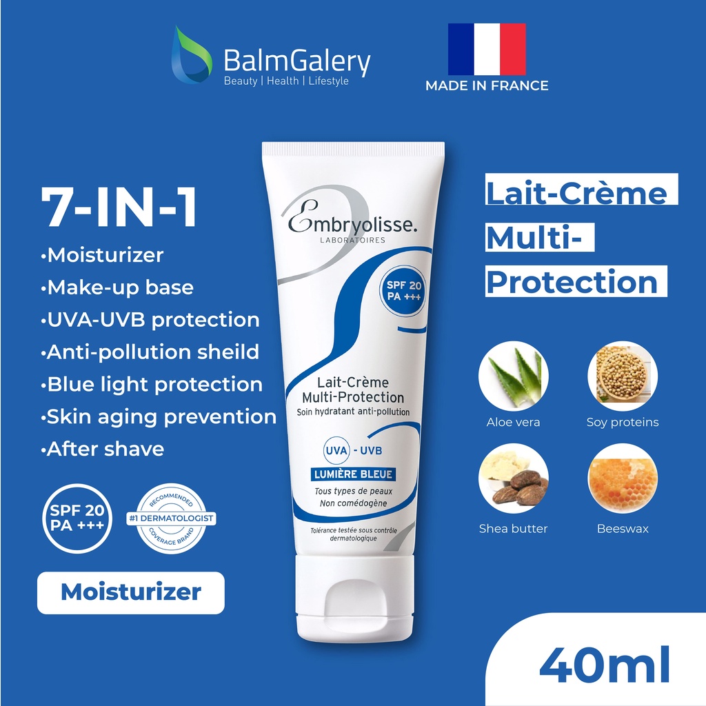 Embryolisse Lait-Creme Multi-Protection 40ml – 7 IN 1 : Pelembab Moisturizer Wajah + Makeup Cleanser Remover + Makeup Base Primer + Masker + Suncare + Cream After Shave + SPF20  Sun &amp; Blue Light Protection - Rekomendasi MUA dan Artist Hollywood - 1x