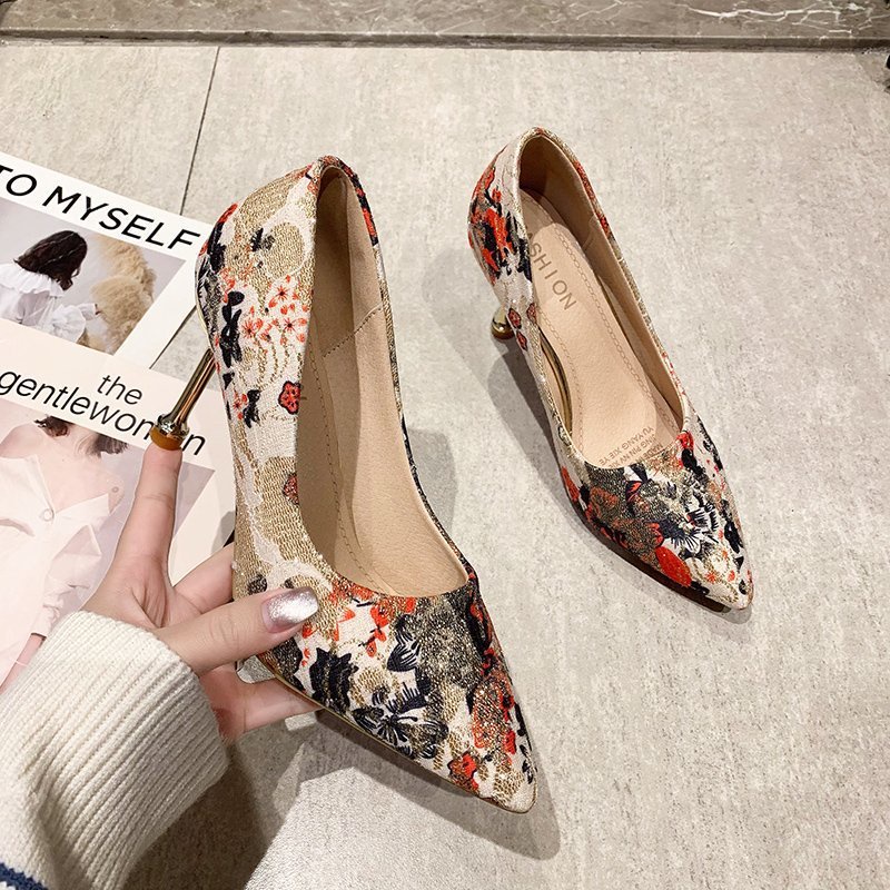 RYS - Retro Flowers Sepatu Slip-On Hak Heels Tinggi Wanita Fashion Pesta - Ori Import