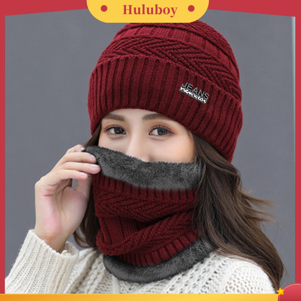 Huluboy Set Topi Kupluk Ramah Kulit Tahan Aus Kain Rajut Anti Luntur Topi Set Penghangat Leher Untuk Wanita