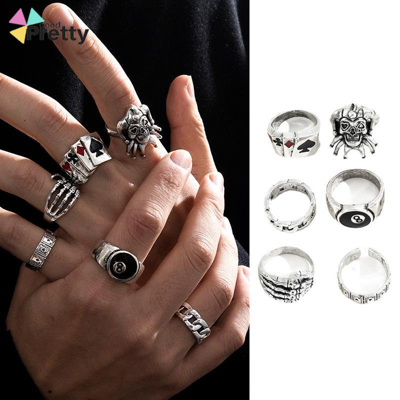 6PCS/Set Cincin Unisex  Punk Membesar-besarkan  Badut Poker Cakar Hantu Tengkorak  Perhiasan Bulat Nomor 8 - PD