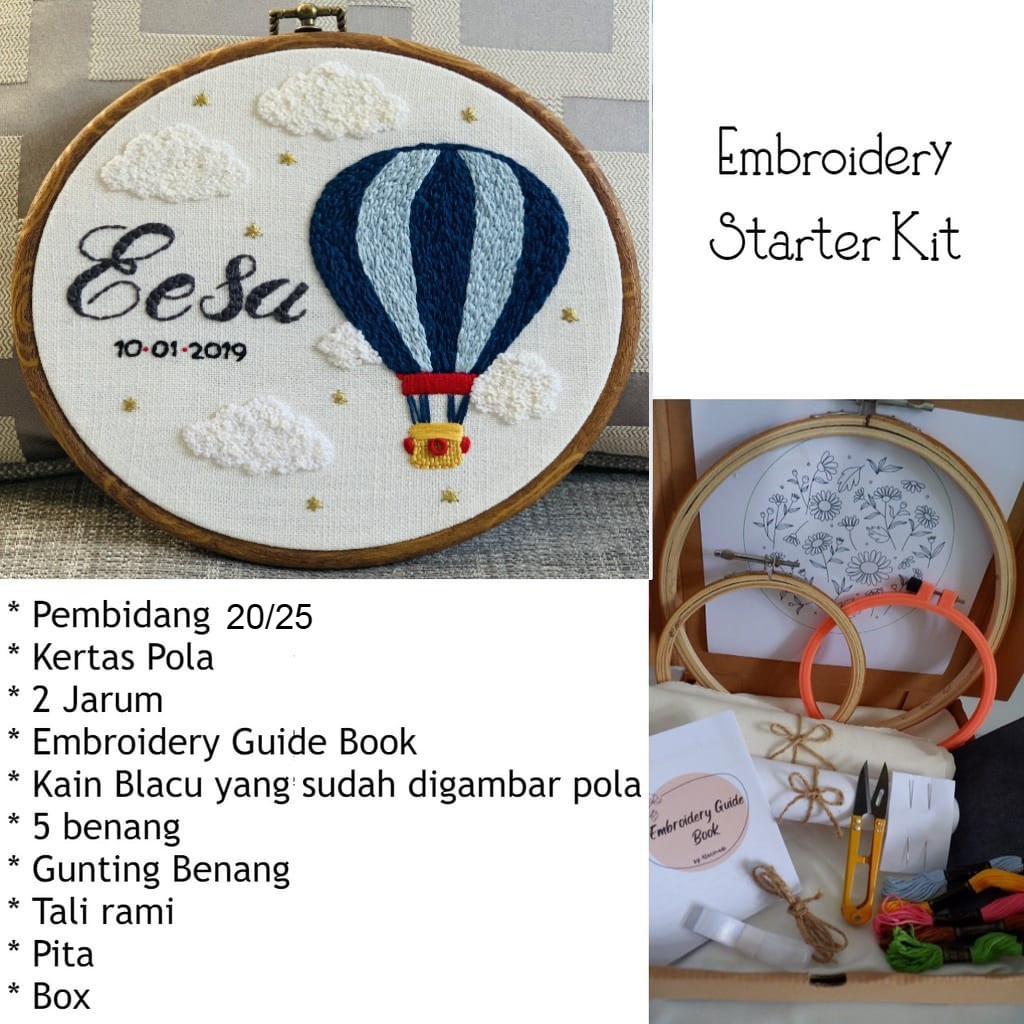 Kids Name Air Baloon Embroidery Kit Package Custom/Paket Sulam Untuk Pemula/Paket Sulam Tangan/Menyu