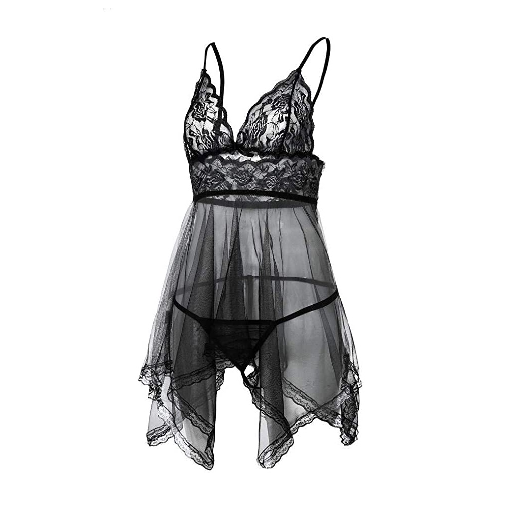 BRGUNIK Set Lingerie Wanita Bahan Lace Tipis Kerah Deep-V Neck Tanpa Lengan Baju Sexy Baju Tidur B059