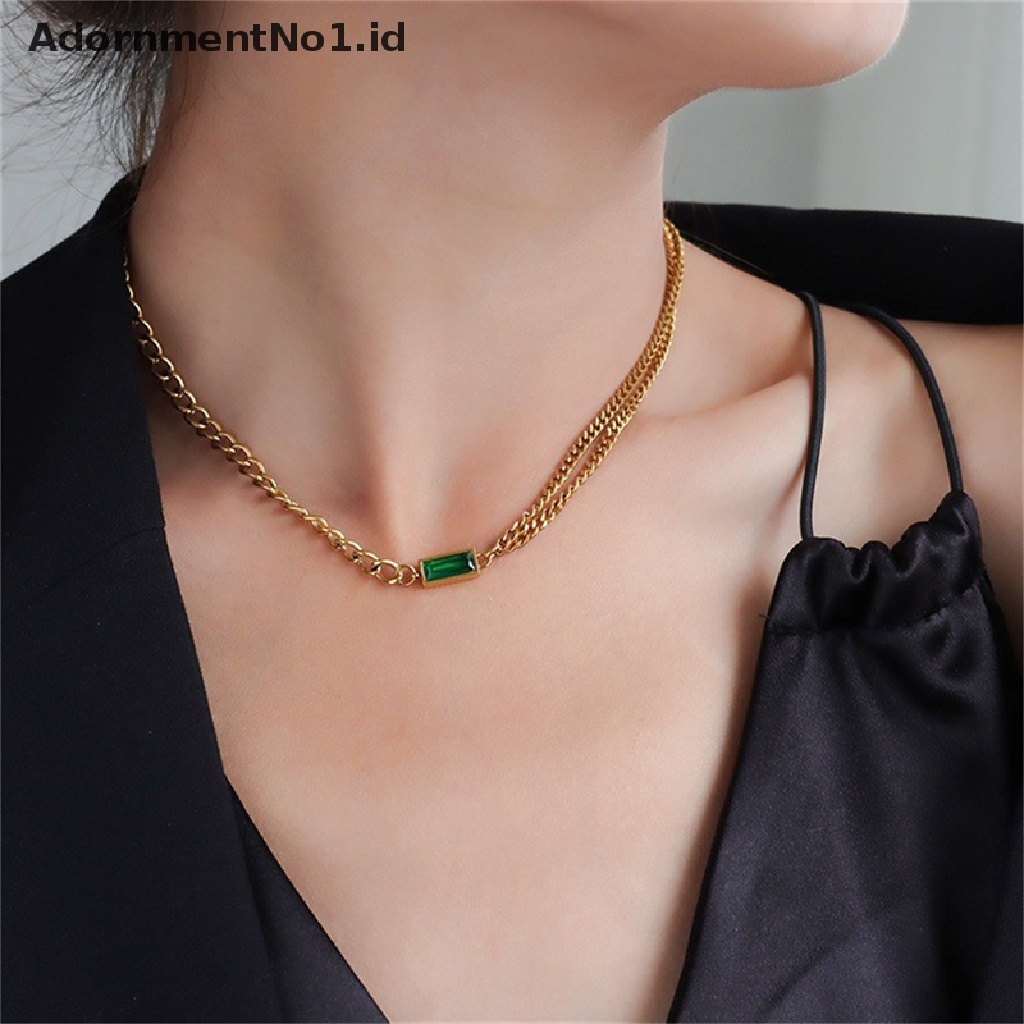 [AdornmentNo1] Fashion Perhiasan Halus Minimalis Zirkon Hijau Ch Tebal Leher Rantai Choker [ID]