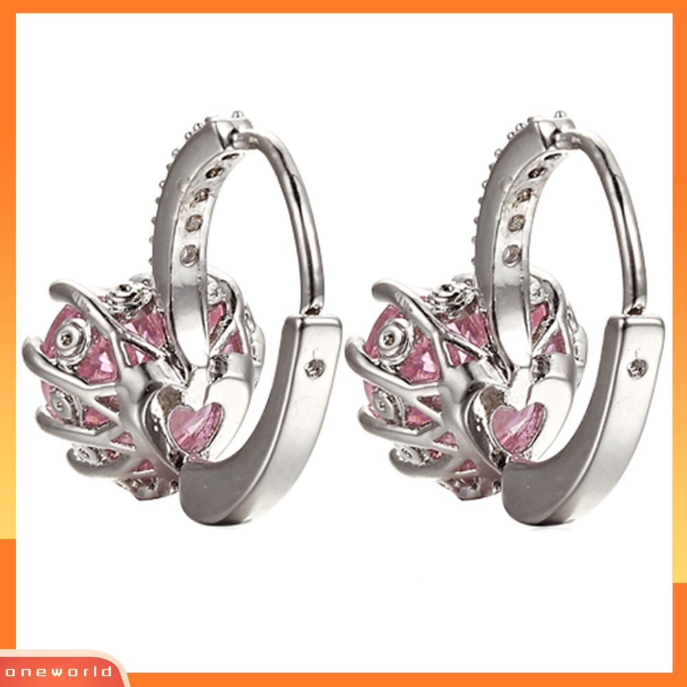 {oneworld} Wanita Mewah Pink Cinta Hati Berlian Imitasi Berlapis Emas Leverback Hoop Earrings