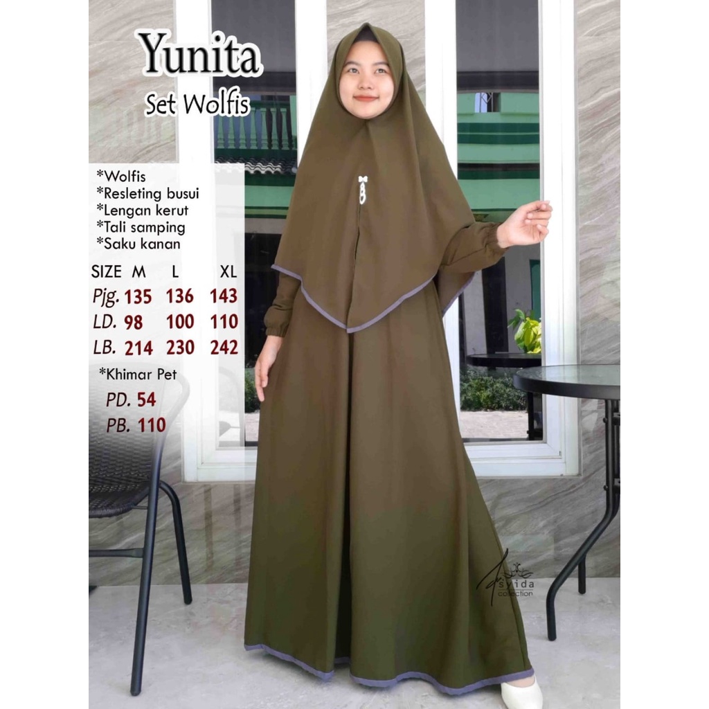 Gamis Yunita Set Hijab Wolfis/ Gamis Syar'i Premium Busui Friendly/ Homeydress Motif Trendy/ Gamis H
