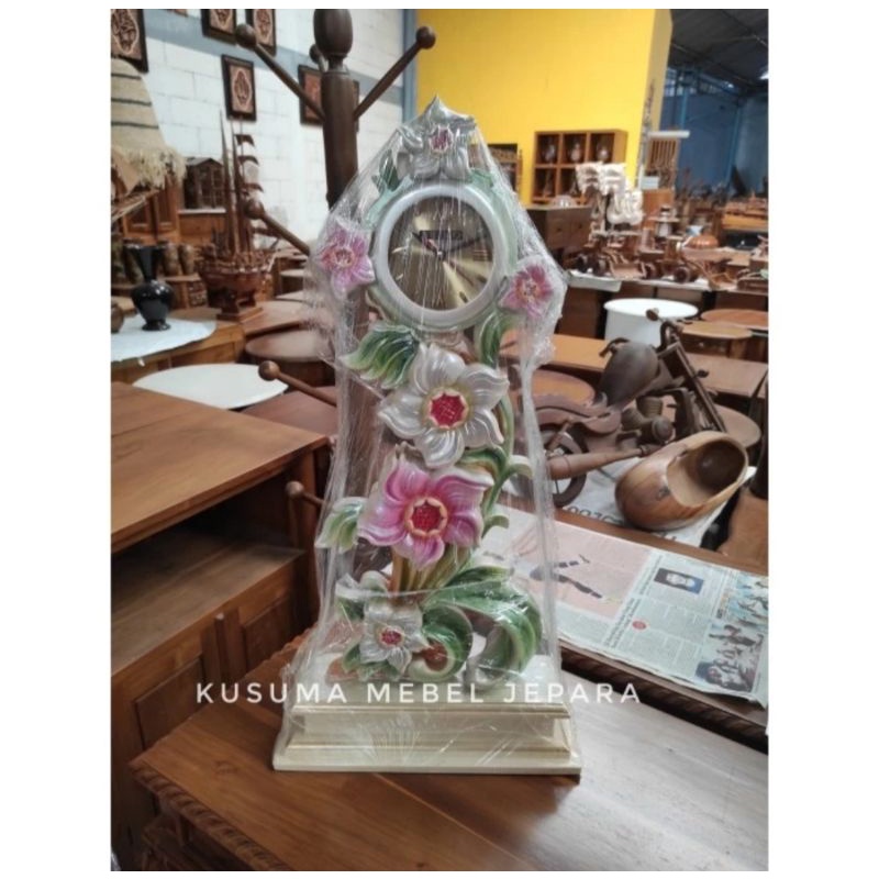 Jam Meja Ukir Bunga Kayu Jati (Tinggi 75cm)