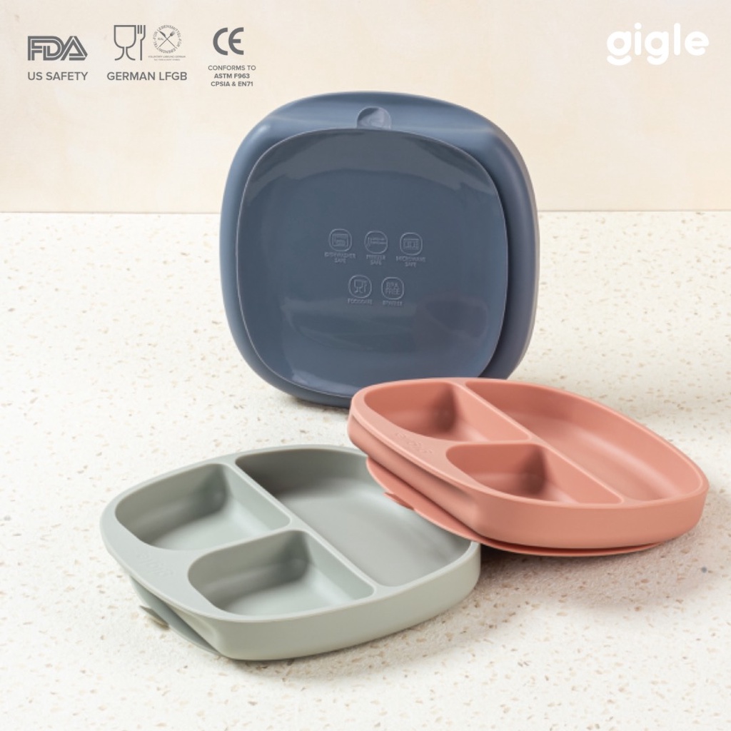 Gigle Silicone Suction Plate with Lid / Piring Makan Bayi dengan tutup / Piring Bayi Silikon Sekat /