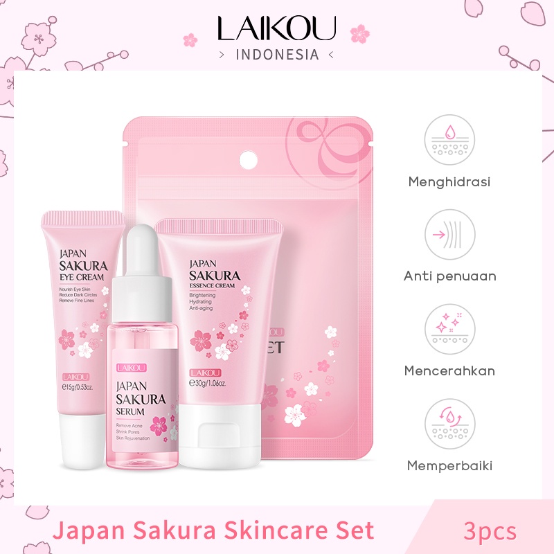 LAIKOU Sakura 3pcs Skin Care Set Serum Mencerahkan Krim Menghilangkan Bintik-bintik Hitam Krim Mata Memudarkan Kantung Mata