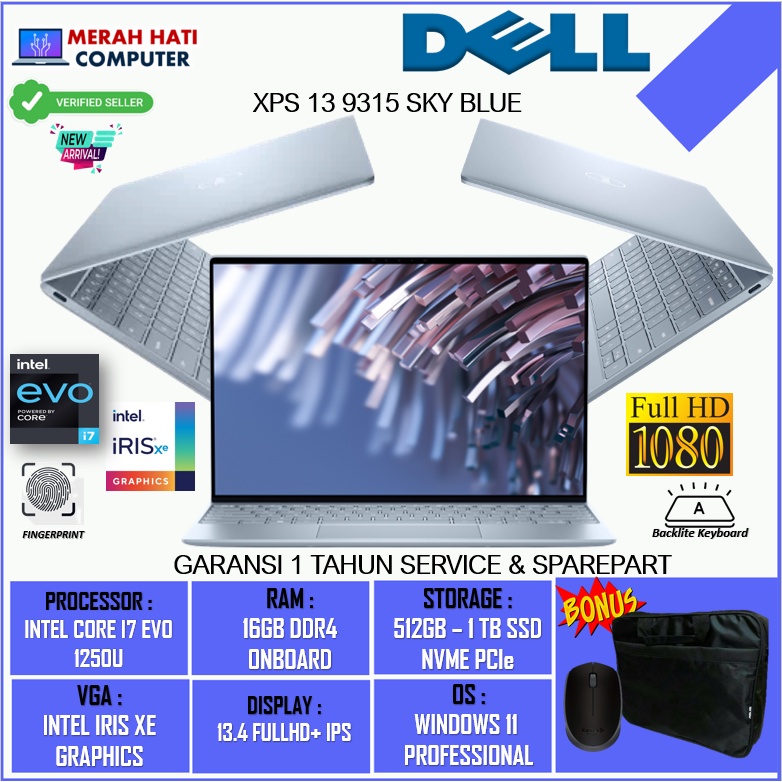 Laptop Slim Ringan DELL XPS 13 9315 INTEL I7 1250U 16GB 512GB IRIS XE 13.4FHD+ Backlite Fingerprint WIN11PRO SKY BLUE