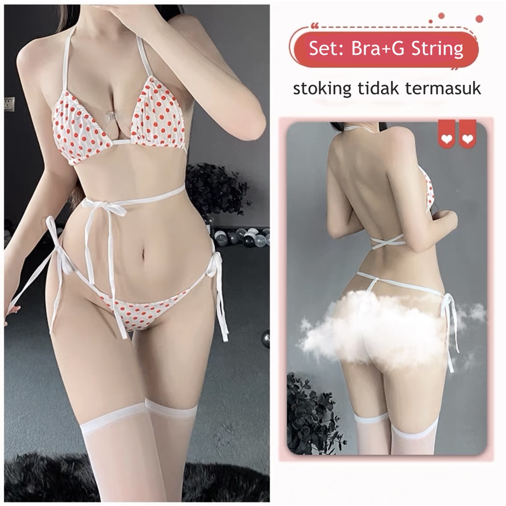 Wanita Lingerie Sexy Lucu Manis Motif Tali Bra G String Set B022