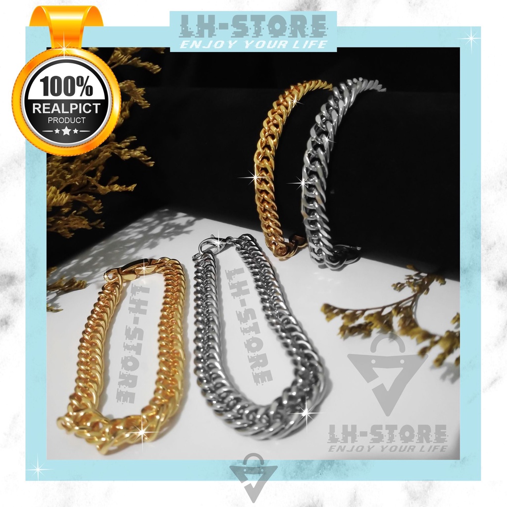 Gelang Tangan Couple Pria Wanita Rantai Dauble Lebar Berlapis Emas Aesthetic Terbaru Anti karat