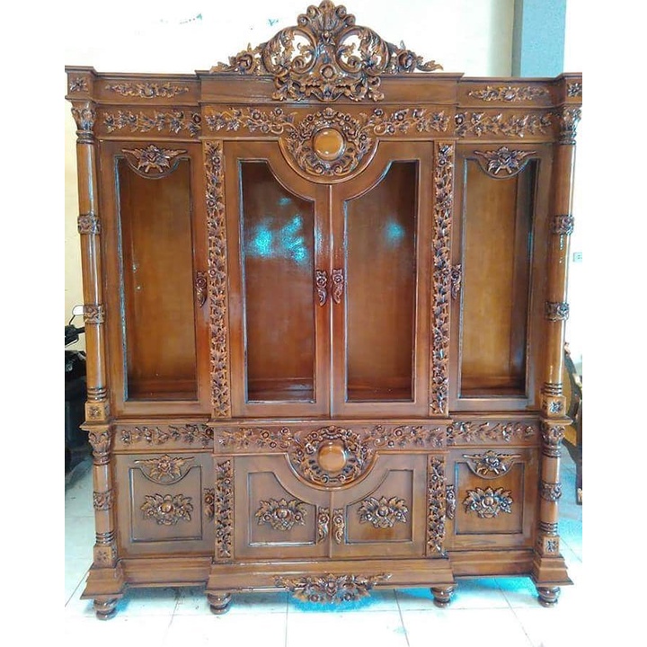 Lemari Hias Ukiran Jepara Natural Jati 4 Pintu, Lemari Pajangan Model Terbaru