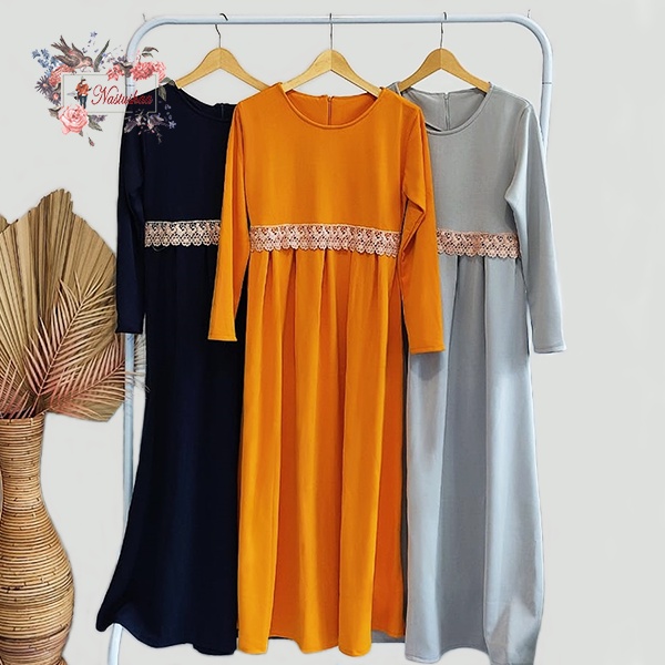 Gamis Syari Bahan Scuba Tebal | Gamis Maxy Variasi Renda | Long Dress Polos Resleting Belakang Baju Muslim Wanita Kekinian Elegan