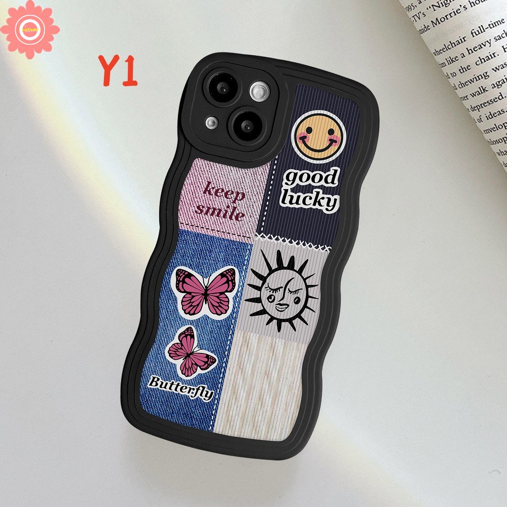 Butterfly Smiley Label Case Untuk Samsung A12 A50 A14 A13 A04s A32 A21s A53 A52 A50s A04E A22 A52s A23 A04 A03s A11 A33 A02s A31 A30s A20 A51 Pola Splicing Wavy Edge Soft Cover