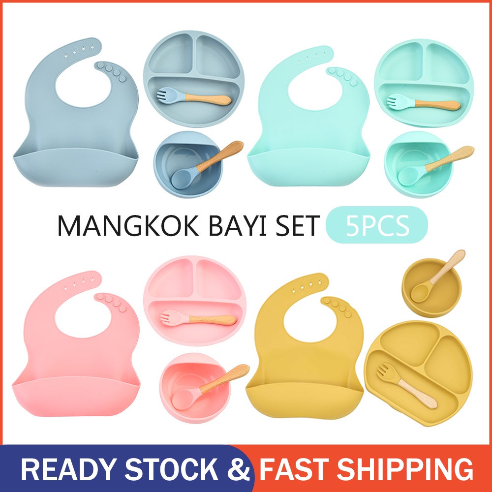 5 Pcs Alat Makan Set Silikon / Mangkok Bayi Anak / Baby Bibs Tempat Makan Silicon SUCTION Dengan Bib Peralatan Makan Anak Murah Tableware Silikon Anak Import Bib Gelas Mangkok Piring Silicone