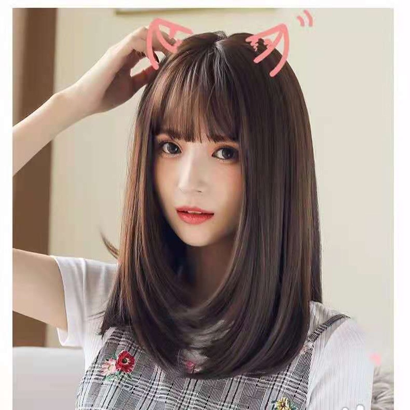 Wig full Lace Rambut Palsu Wanita Short Straight Model Bob / Wig Wanita Poni Lucu Natural Hair