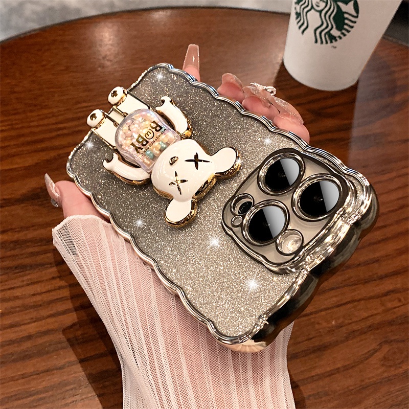 Luxury fun cartoon bear stand case iphone 14 pro max case iphone 13 12 11 pro max xs max XR 7plus/8plus premium aesthetic flashing fully enclosed shockproof TPU shockproof protection soft case