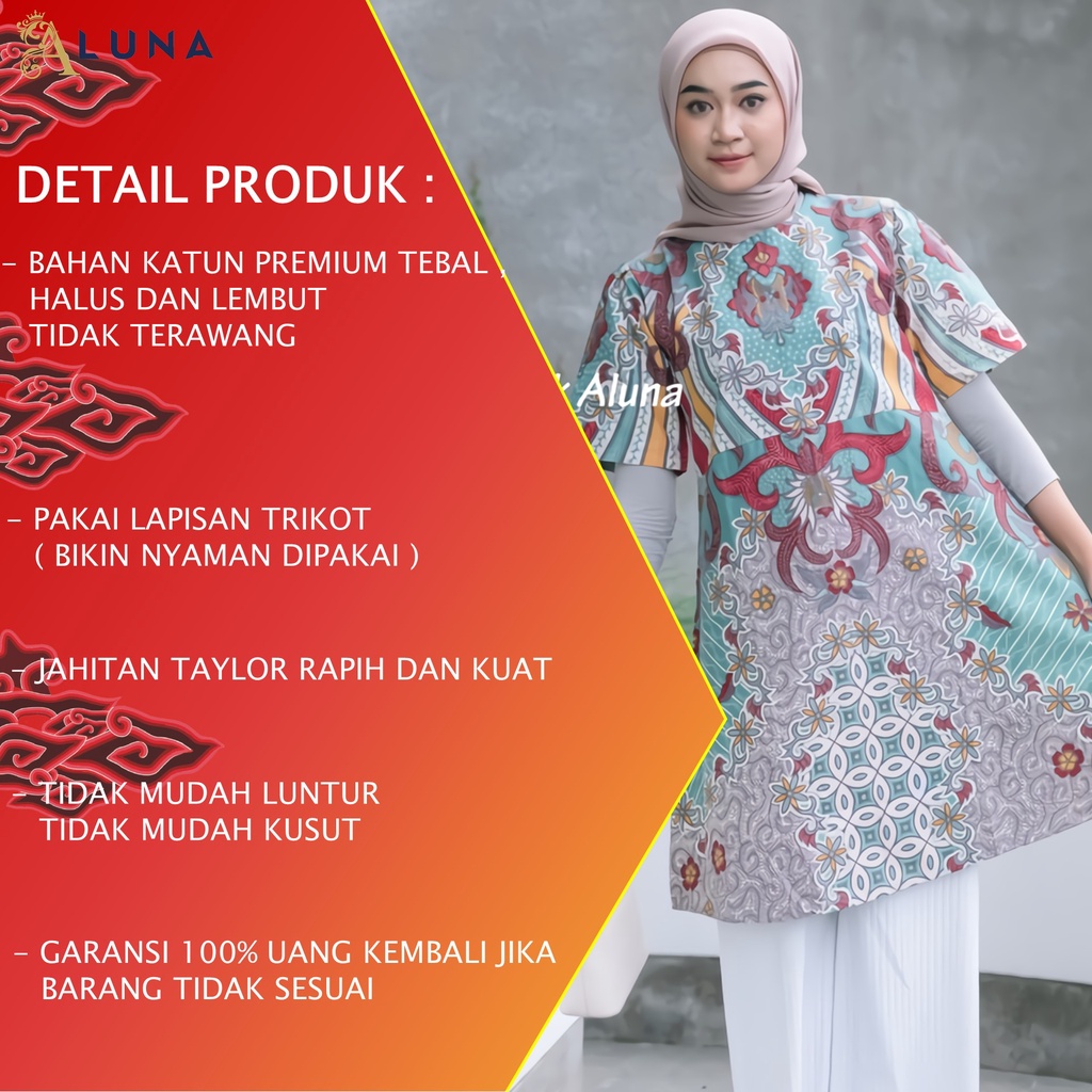 Batik Tunik Wanita Tunik Lengan Panjang Katun Lapis Trikot Premium Modern Original Kancing Belakang Resleting Batik Kerja Kantor Kondangan Size M L XL XXL 071