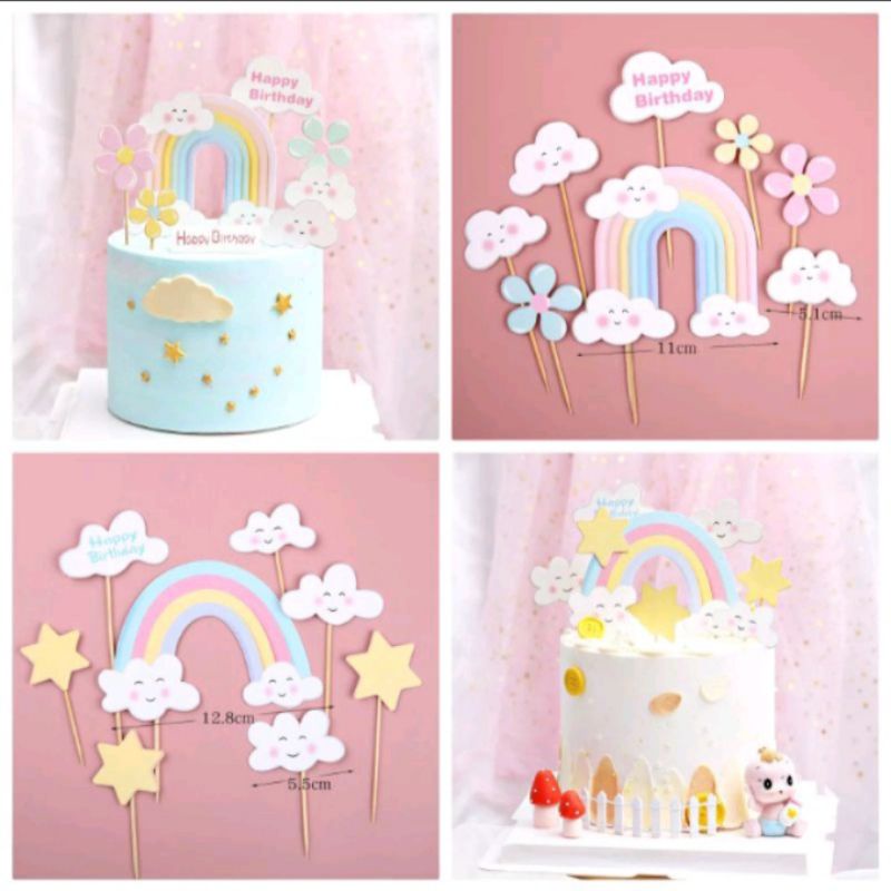Topper Pelangi Awan Bunga, topper Unicorn, Hiasan Kue pelangi,8pcs